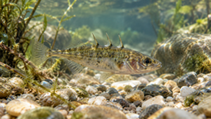 Petite épinoche à trois épines immobile dans une mare d’eau douce peu profonde, au-dessus d’un fond de graviers clairs.