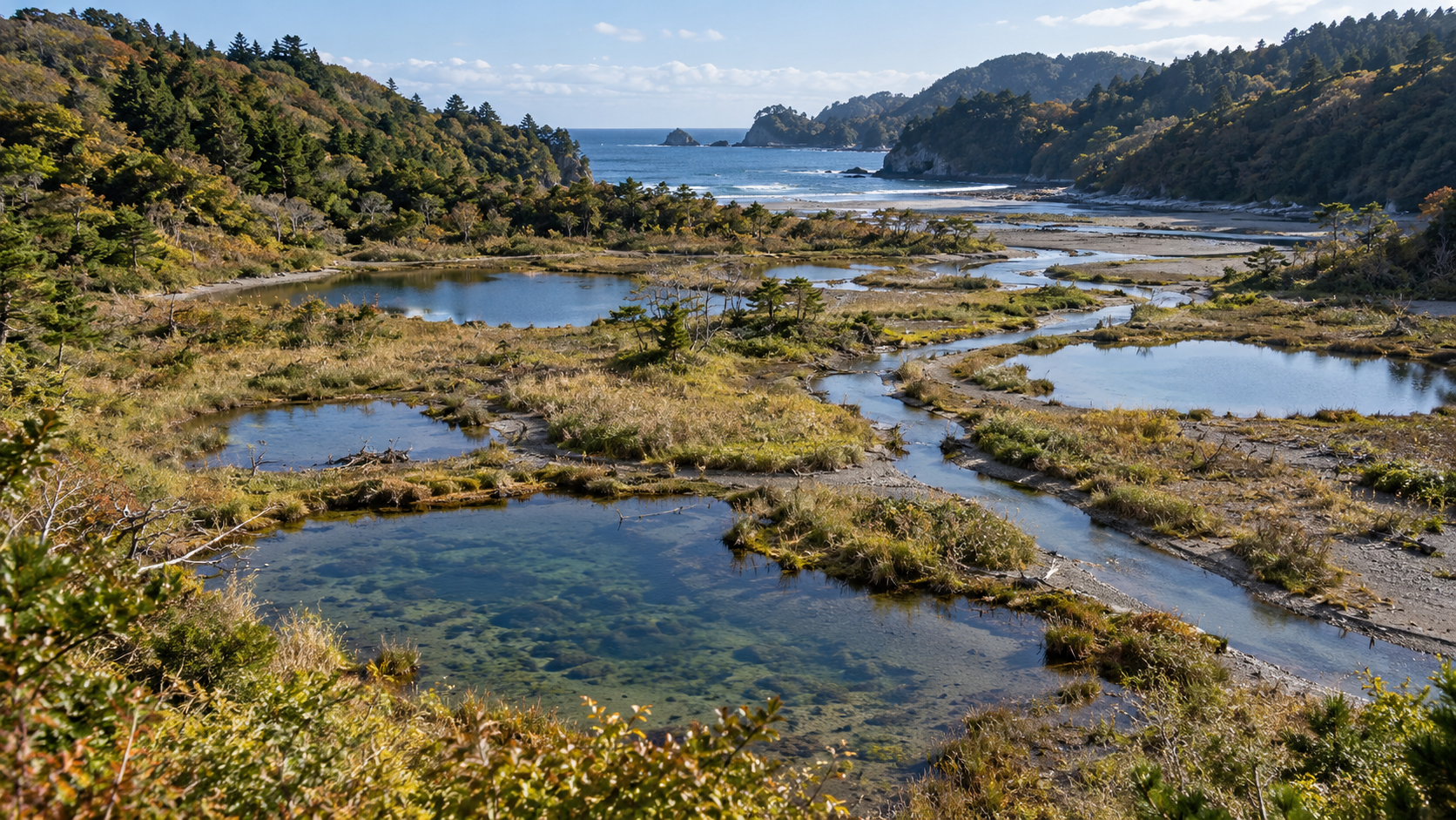Vallée côtière japonaise avec de petites mares peu profondes le long d’un cours d’eau, collines boisées en arrière-plan.