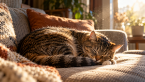 Chat tigré endormi en boule sur un canapé de salon, dans un rai de lumière où flottent des poussières.