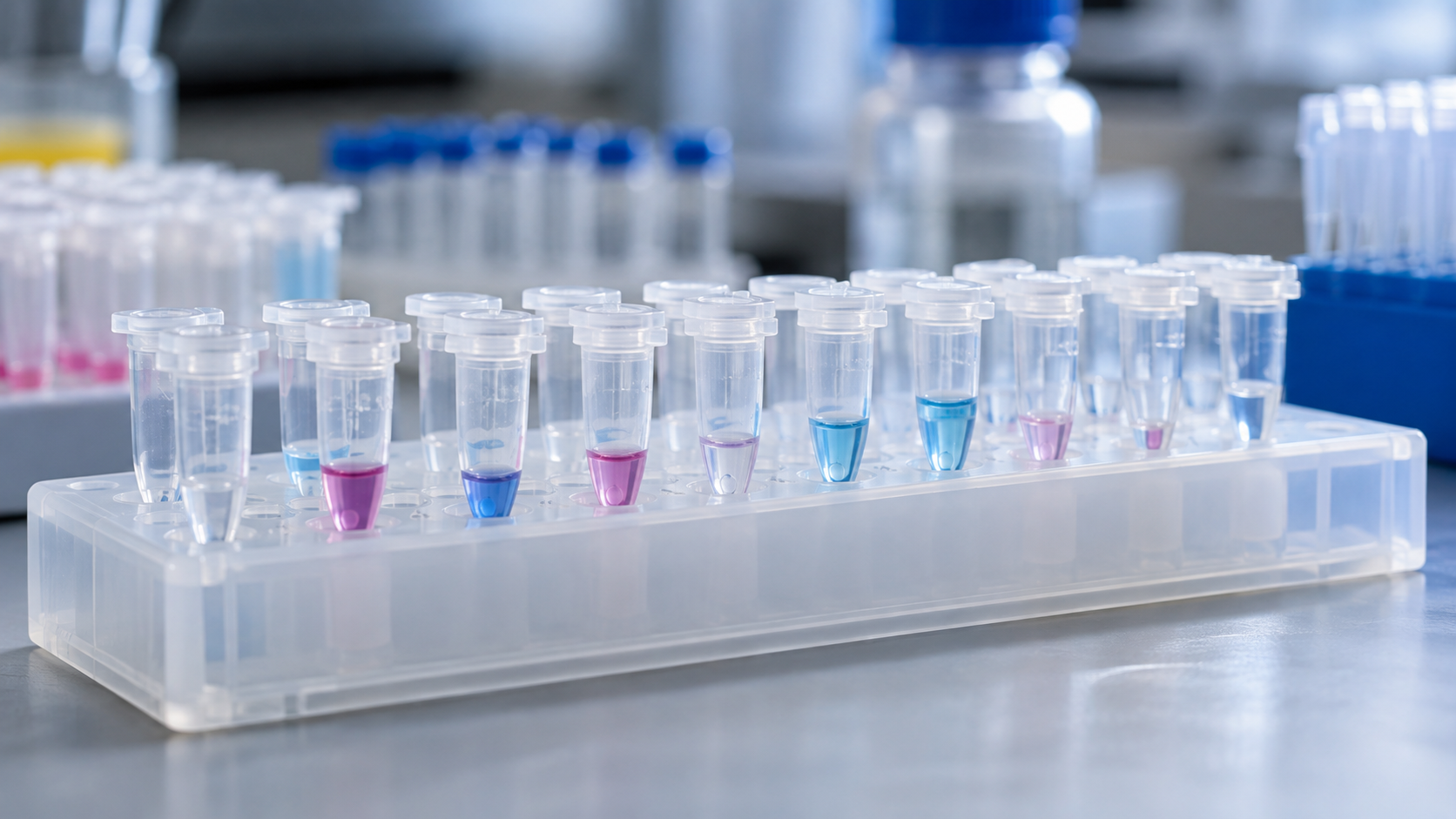 Rangée de microtubes dans un portoir, sur la paillasse claire d’un laboratoire de génomique.