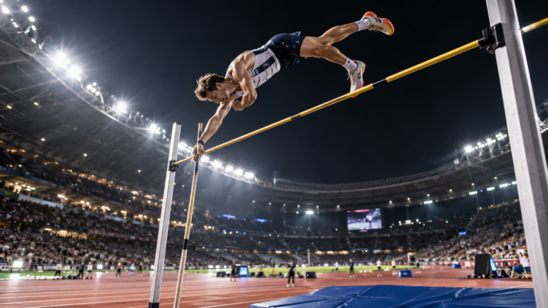 Un perchiste franchit une barre dans un stade d’athlétisme éclairé en nocturne.