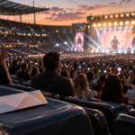 Gradins pleins d’un stade au crépuscule, un billet plié posé sur un siège vide au premier plan.