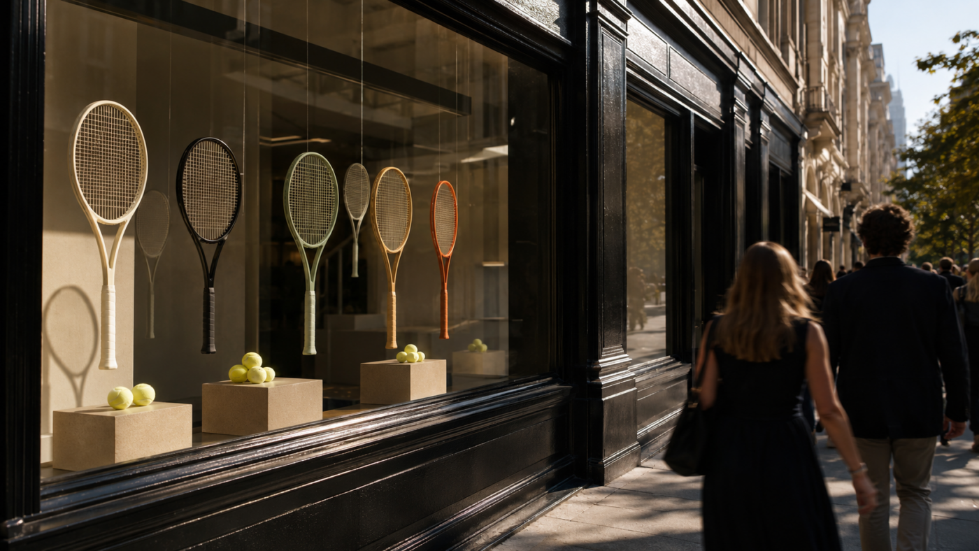 Vitrine éphémère décorée de raquettes de tennis dans une rue de Manhattan, passants sur le trottoir.