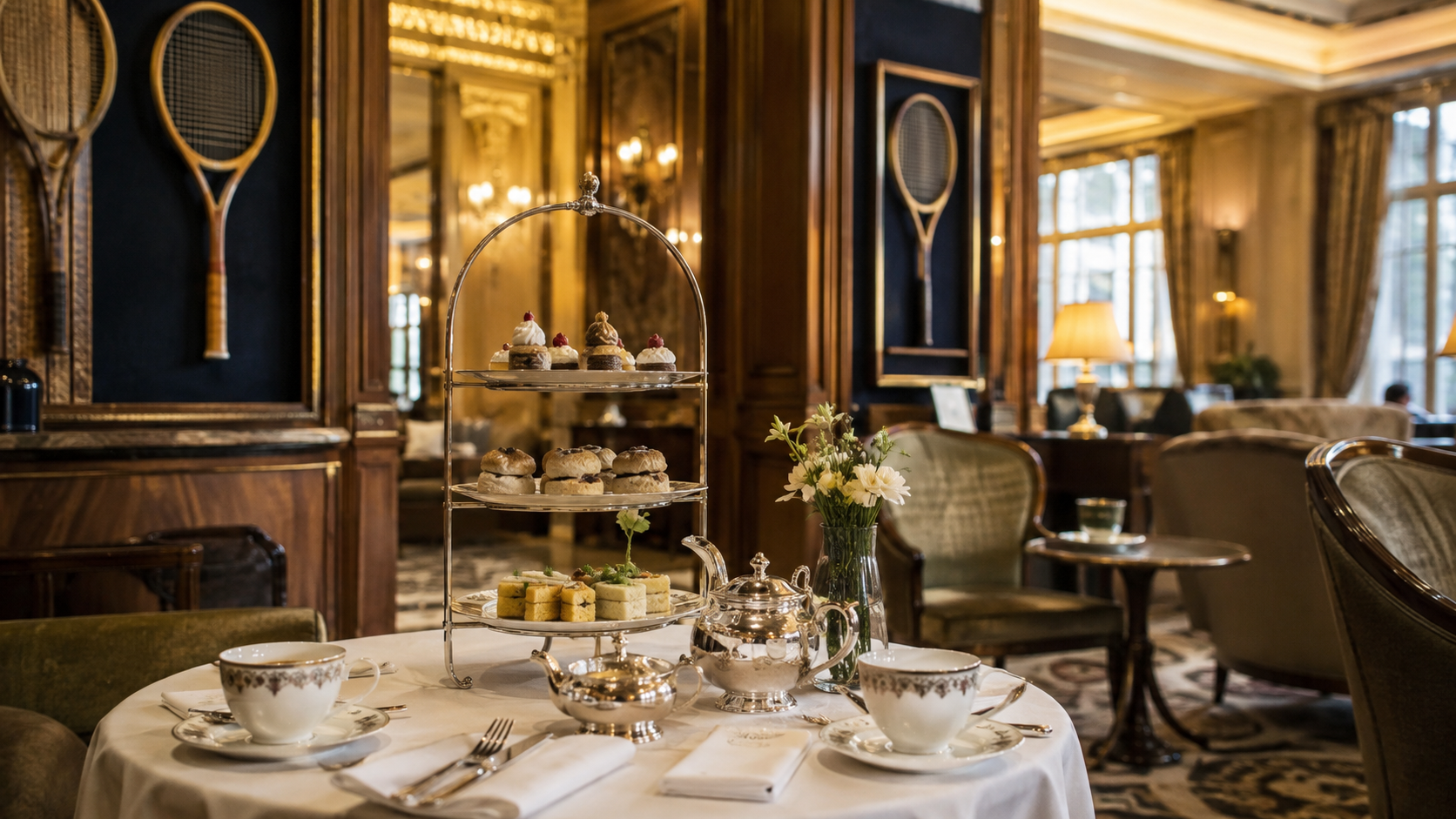 Salon de thé d’un grand hôtel avec plateau de goûter à étages et raquettes de tennis anciennes exposées.