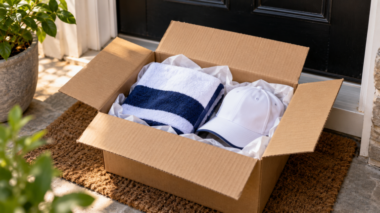 Colis en carton ouvert sur un paillasson d’entrée, serviette de sport et casquette visibles à l’intérieur.