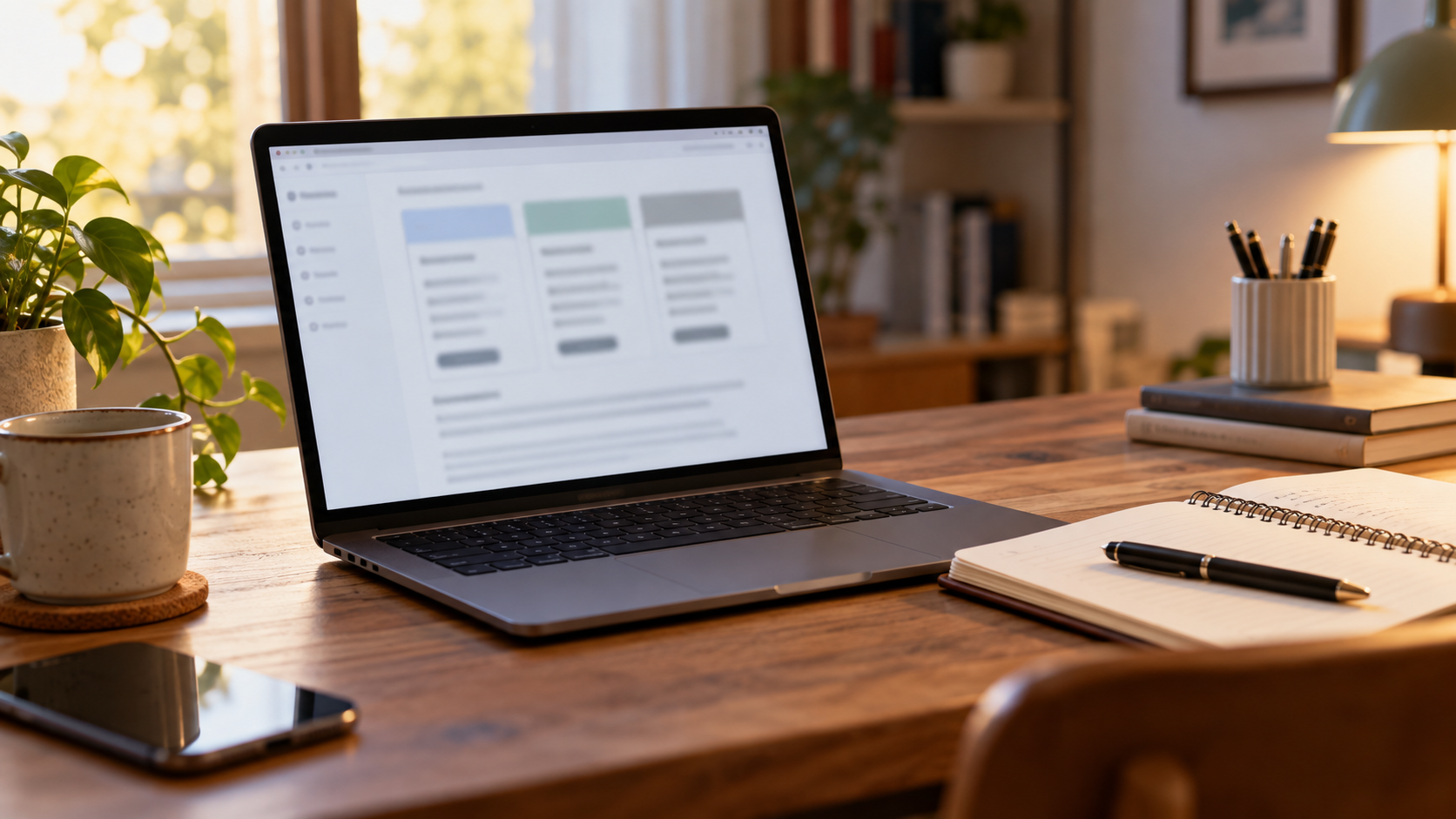 Un ordinateur portable ouvert sur une page de conditions tarifaires, un carnet et un stylo posés à côté sur un bureau en bois.