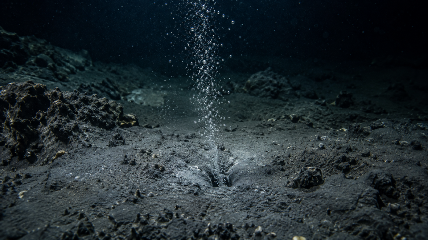 Fines bulles de méthane s’échappant d’un orifice étroit dans un sédiment gris foncé, au fond de l’océan, sous le projecteur d’un submersible.