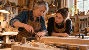 Une femme d’une soixantaine d’années montre un geste technique à une jeune apprentie dans un atelier de menuiserie.