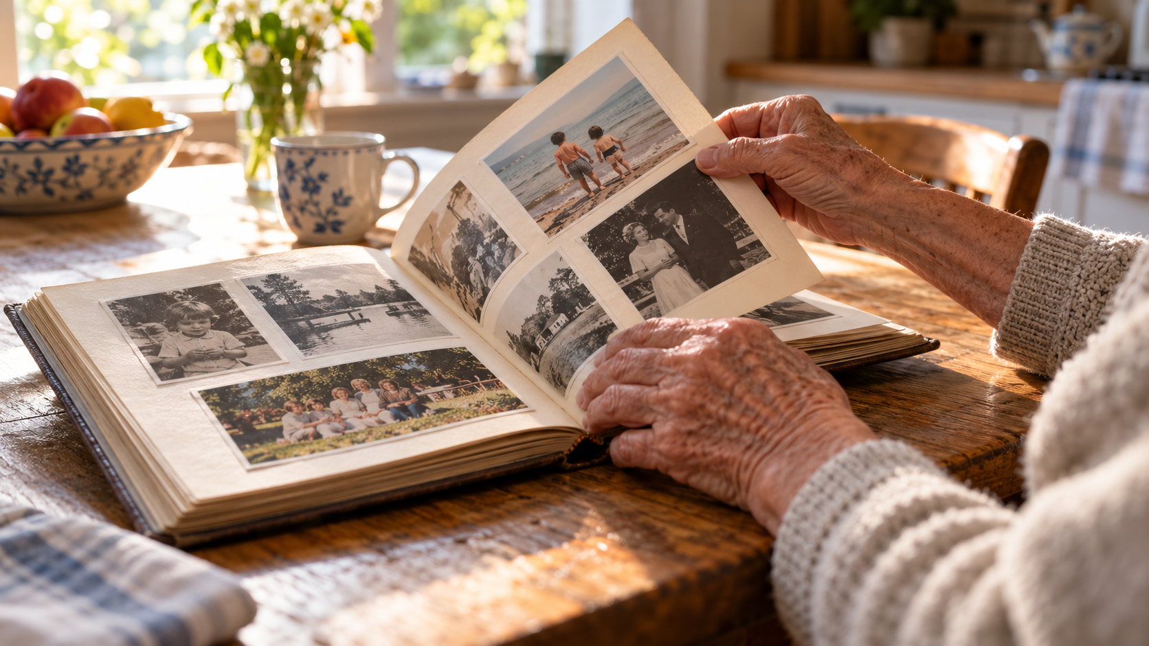 Des mains âgées tournent les pages d’un album de photos posé sur une table de cuisine en bois.
