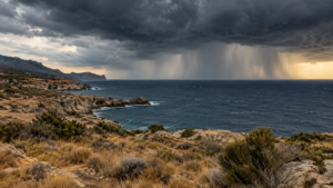 Nuages d’orage sombres au-dessus d’une côte méditerranéenne sèche, rideaux de pluie au large.