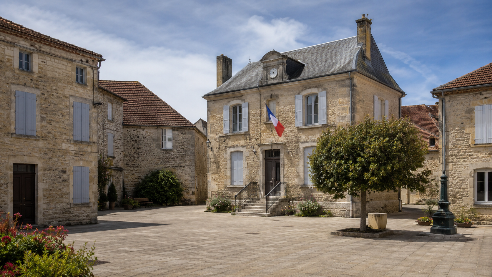 Place d’un village français avec une petite mairie en pierre, un drapeau tricolore et des volets fermés sur les maisons.