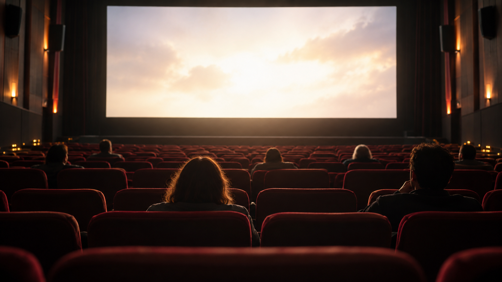 Salle de cinéma presque vide vue de l'arrière, quelques silhouettes assises devant un écran lumineux.