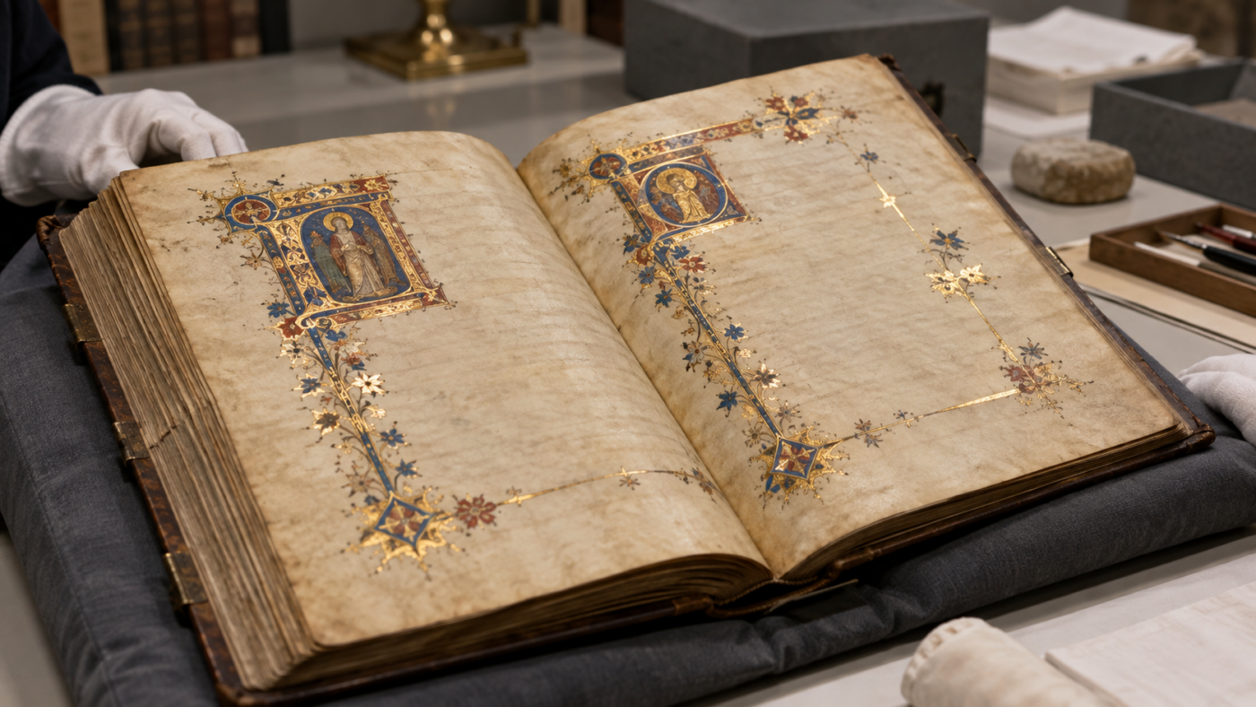 Manuscrit médiéval ouvert sur une table de conservation, pages de parchemin jauni et lettrines dorées, mains gantées en bord de cadre.