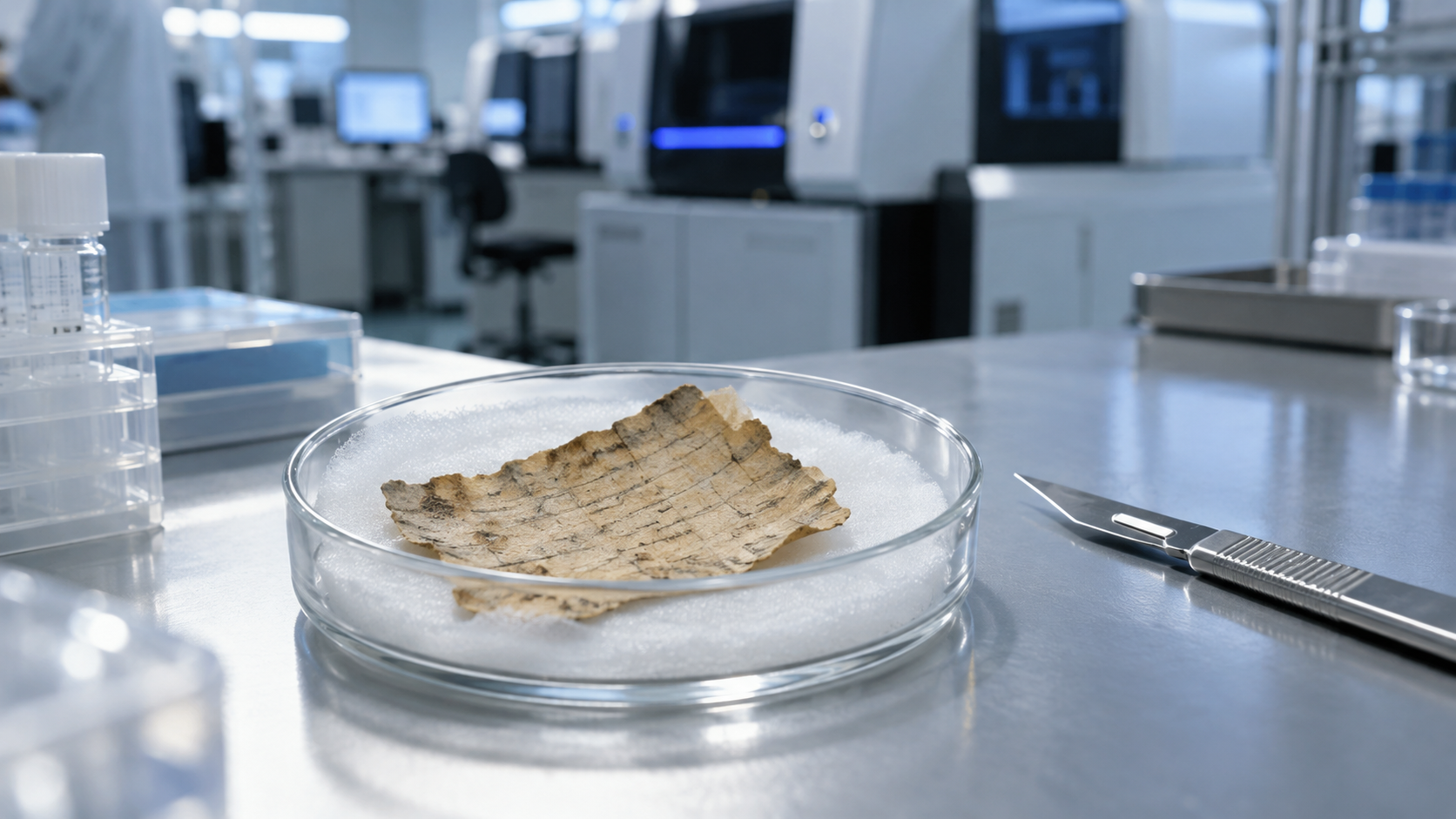 Fragment de parchemin pâle posé dans une coupelle de laboratoire à côté d'un scalpel, appareils de séquençage flous à l'arrière-plan.