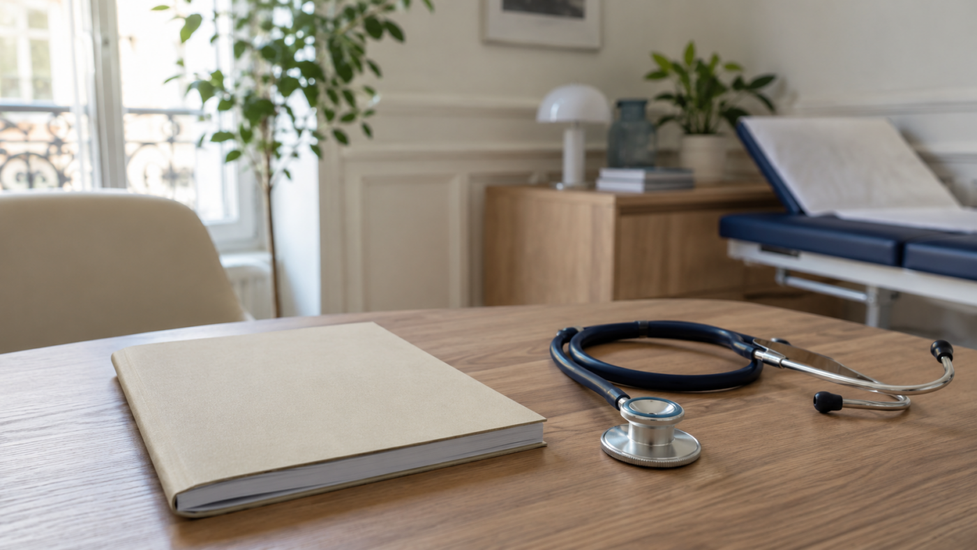 Cabinet de médecine générale en France, un carnet de santé fermé et un stéthoscope posés sur un bureau en bois près d’une fenêtre.