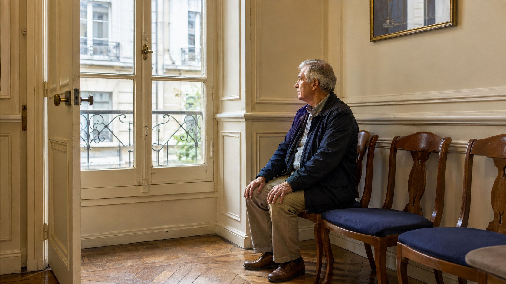 Un adulte d’une soixantaine d’années assis dans une salle d’attente médicale lumineuse, les mains posées sur les genoux.