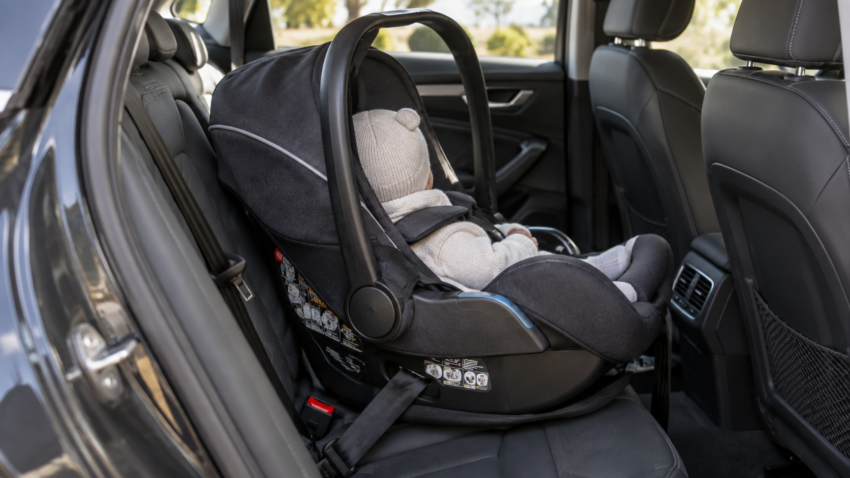 Siège auto pour nourrisson installé dos à la route sur la banquette arrière d’une voiture, vu de trois quarts, enfant non visible