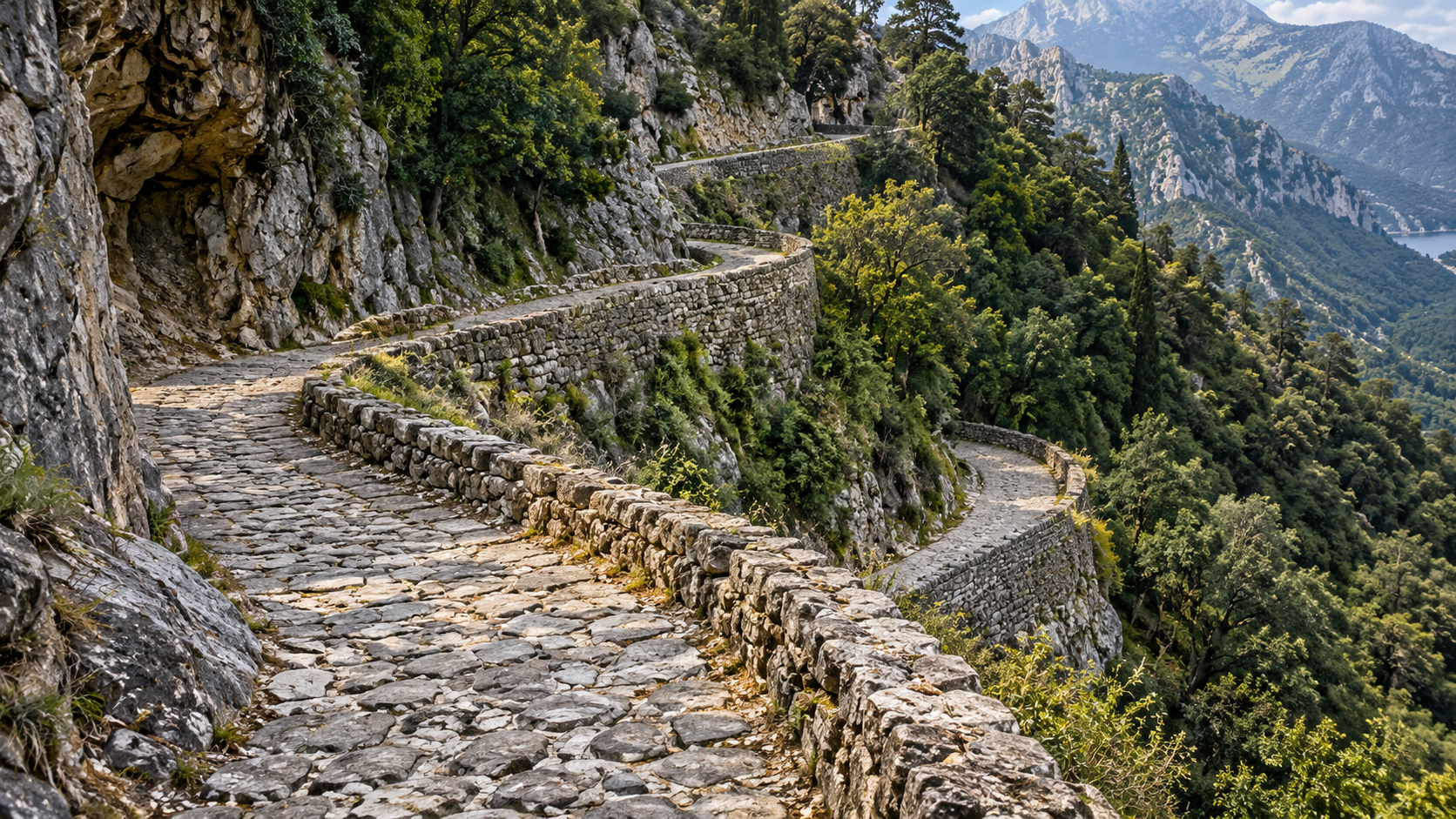 Route pavée antique montant à flanc de montagne boisée en lacets serrés, soutenue par des murs en pierre sèche et des tranchées taillées dans le rocher