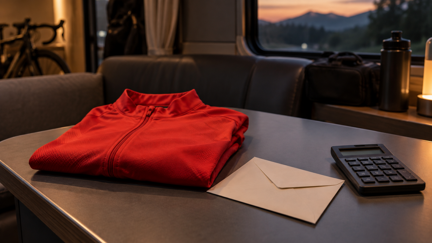 Un maillot rouge de leader plié sur une table de bus d’équipe, à côté d’une enveloppe en papier et d’une calculatrice.