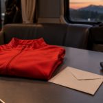 Un maillot rouge de leader plié sur une table de bus d’équipe, à côté d’une enveloppe en papier et d’une calculatrice.