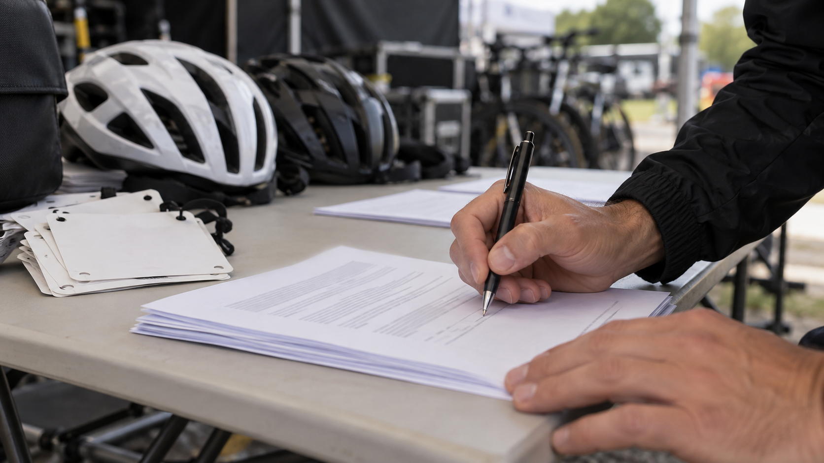 Une main signe une pile de documents sur une table pliante, casques et dossards vierges à l’arrière-plan.