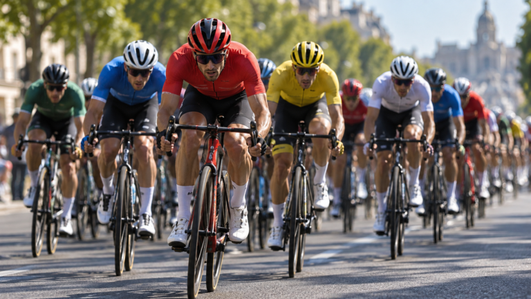 Un peloton de cyclistes lancé dans une avenue ensoleillée, un coureur en maillot rouge en tête du groupe.