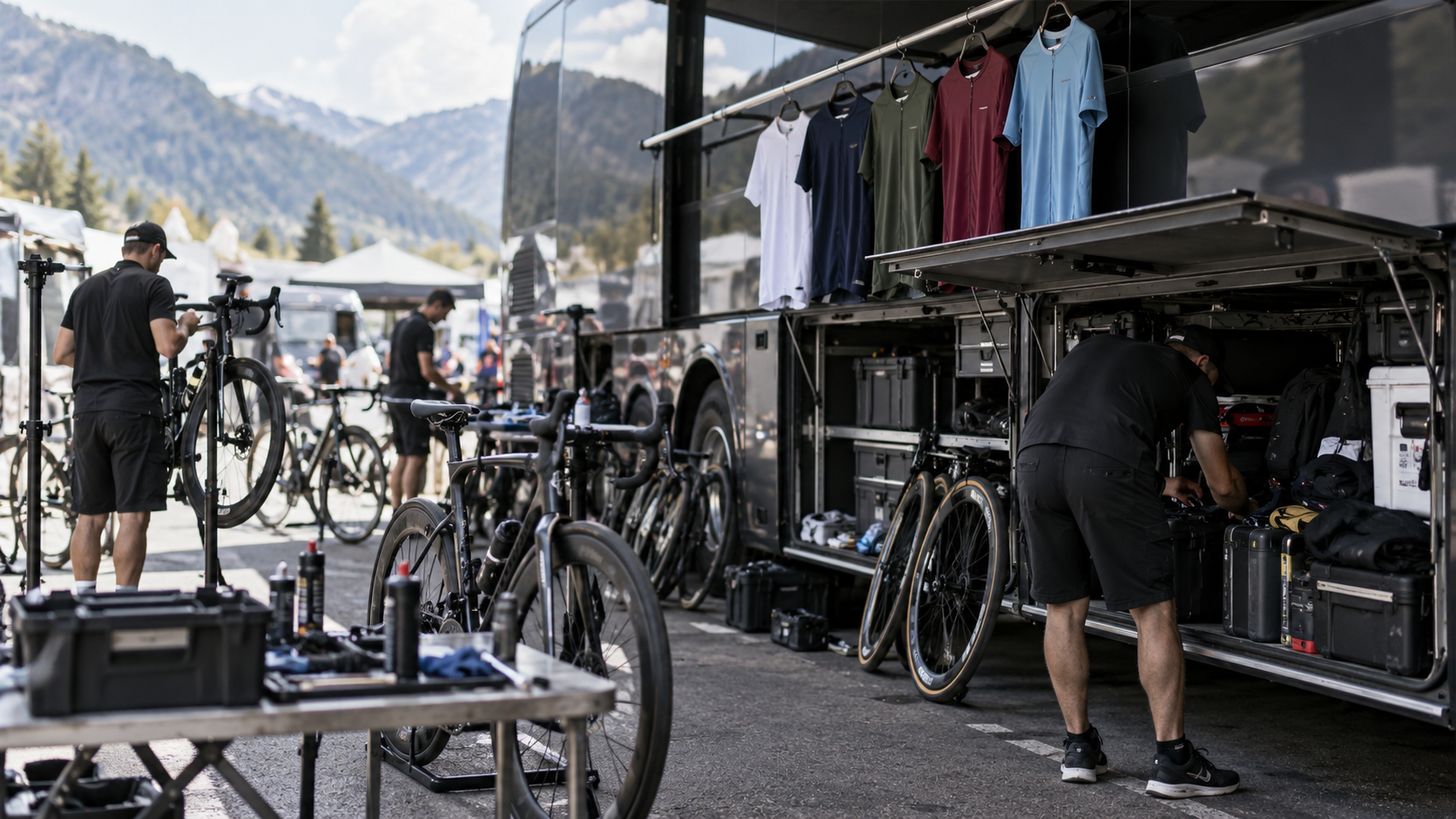 Des mécaniciens et des assistants s’affairent derrière un bus d’équipe cycliste, maillots suspendus à une barre.