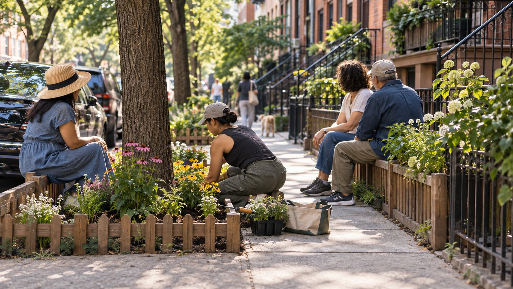 Des habitants assis sur une clôture en bois basse le long d’un trottoir, tandis qu’une personne plante des fleurs dans un pied d’arbre.