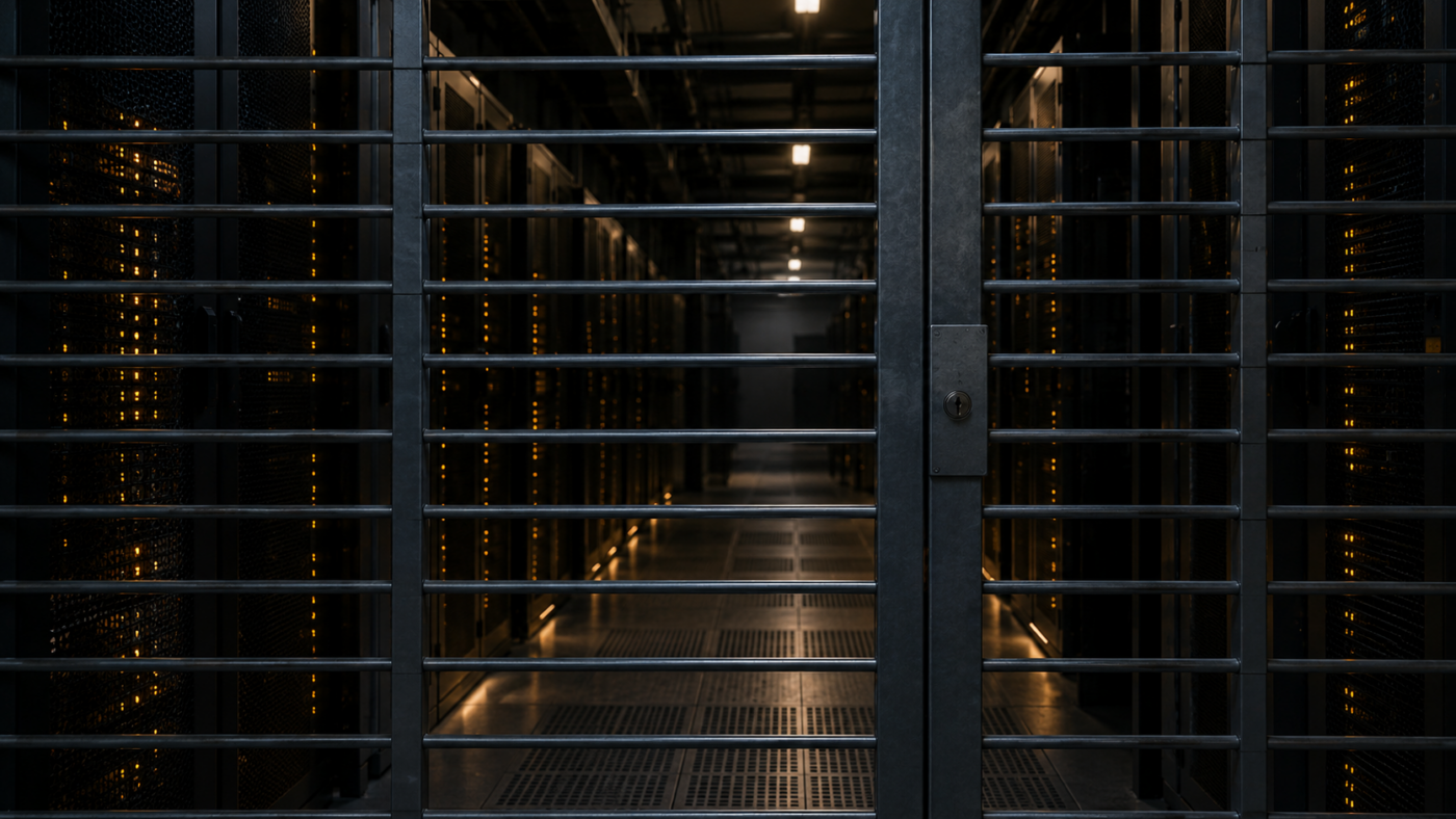 Couloir de baies de stockage fermé par une grille métallique, voyants ambrés allumés dans la pénombre.