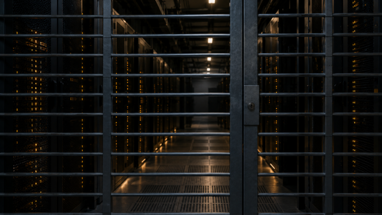 Couloir de baies de stockage fermé par une grille métallique, voyants ambrés allumés dans la pénombre.