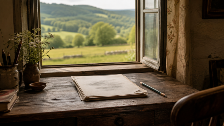 Petit bureau en bois devant la fenêtre d’une ferme ancienne, crayon posé sur une pile de feuilles manuscrites, pâture et colline boisées à l’extérieur.