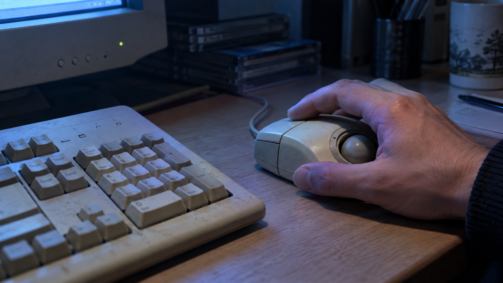 Une main pousse une souris à boule beige à côté d’un clavier usé, sous la lueur bleutée d’un écran.