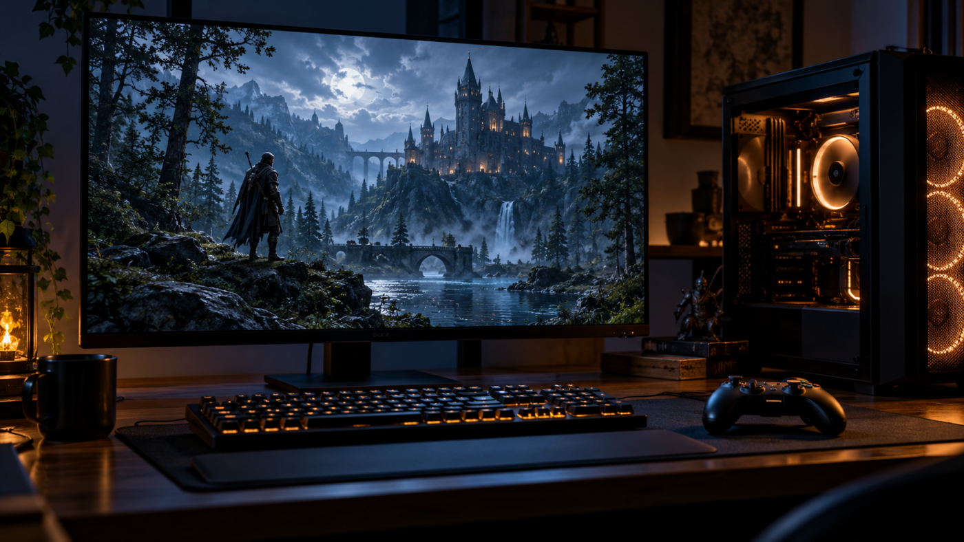 Un bureau de jeu dans la pénombre, grand écran allumé sur une forêt sombre, clavier et manette posés devant la tour.