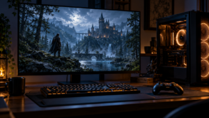 Un bureau de jeu dans la pénombre, grand écran allumé sur une forêt sombre, clavier et manette posés devant la tour.