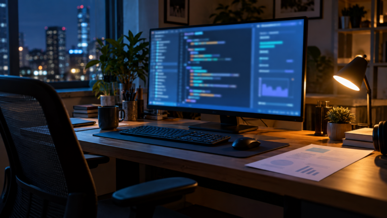 Un bureau de développeur la nuit, l’écran couvert de code et une facture papier posée à côté du clavier.