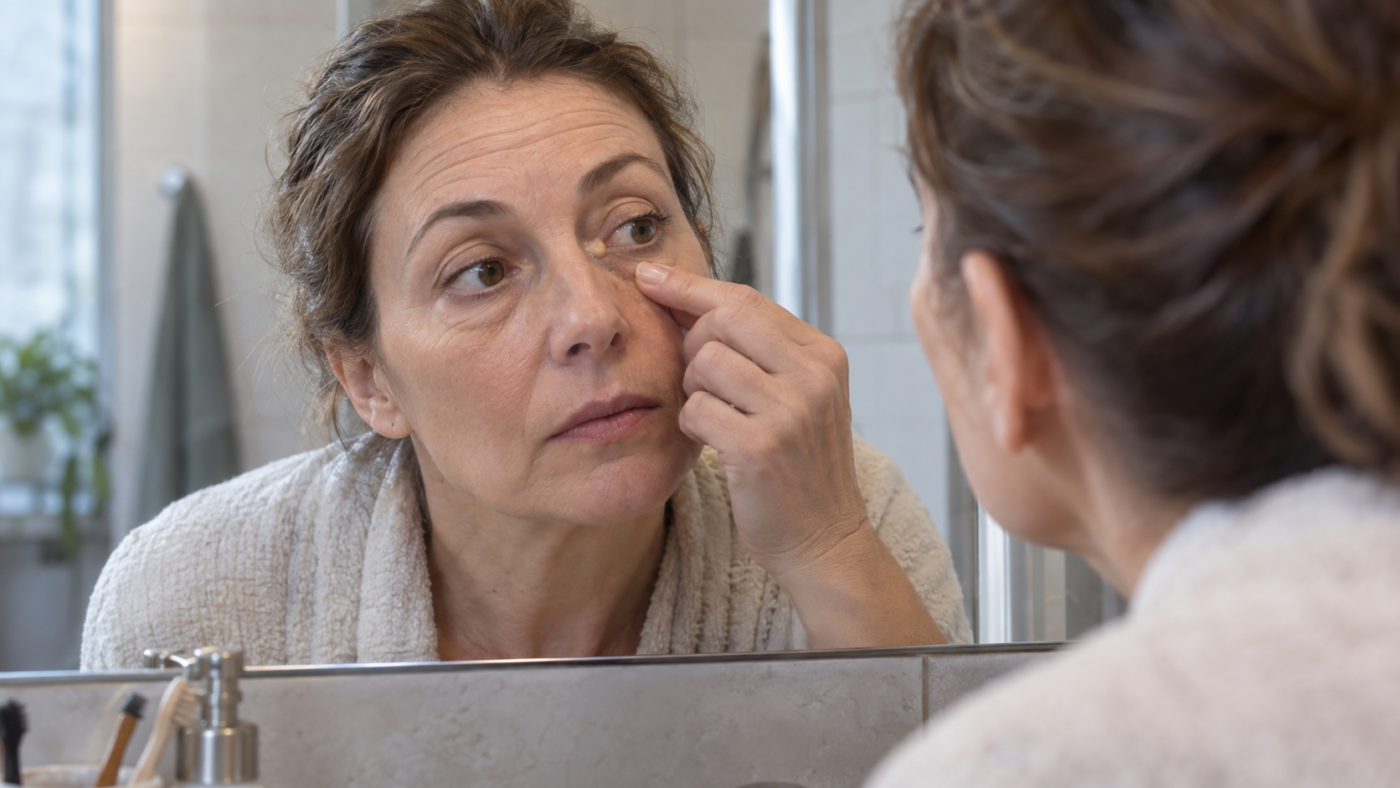 Une personne d’une cinquantaine d’années se penche vers le miroir d’une salle de bains et observe le coin interne de son œil.