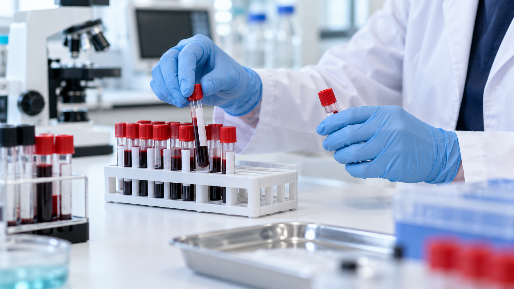 Mains gantées rangeant des tubes de prélèvement sanguin étiquetés dans un portoir, sur une paillasse de laboratoire.