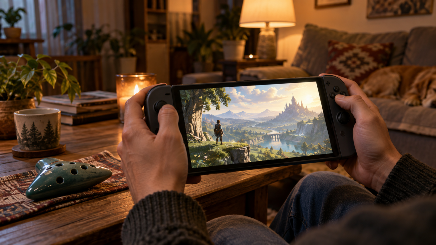 Deux mains tiennent une console portable dans un salon éclairé à la lampe, un ocarina en céramique posé sur la table basse.