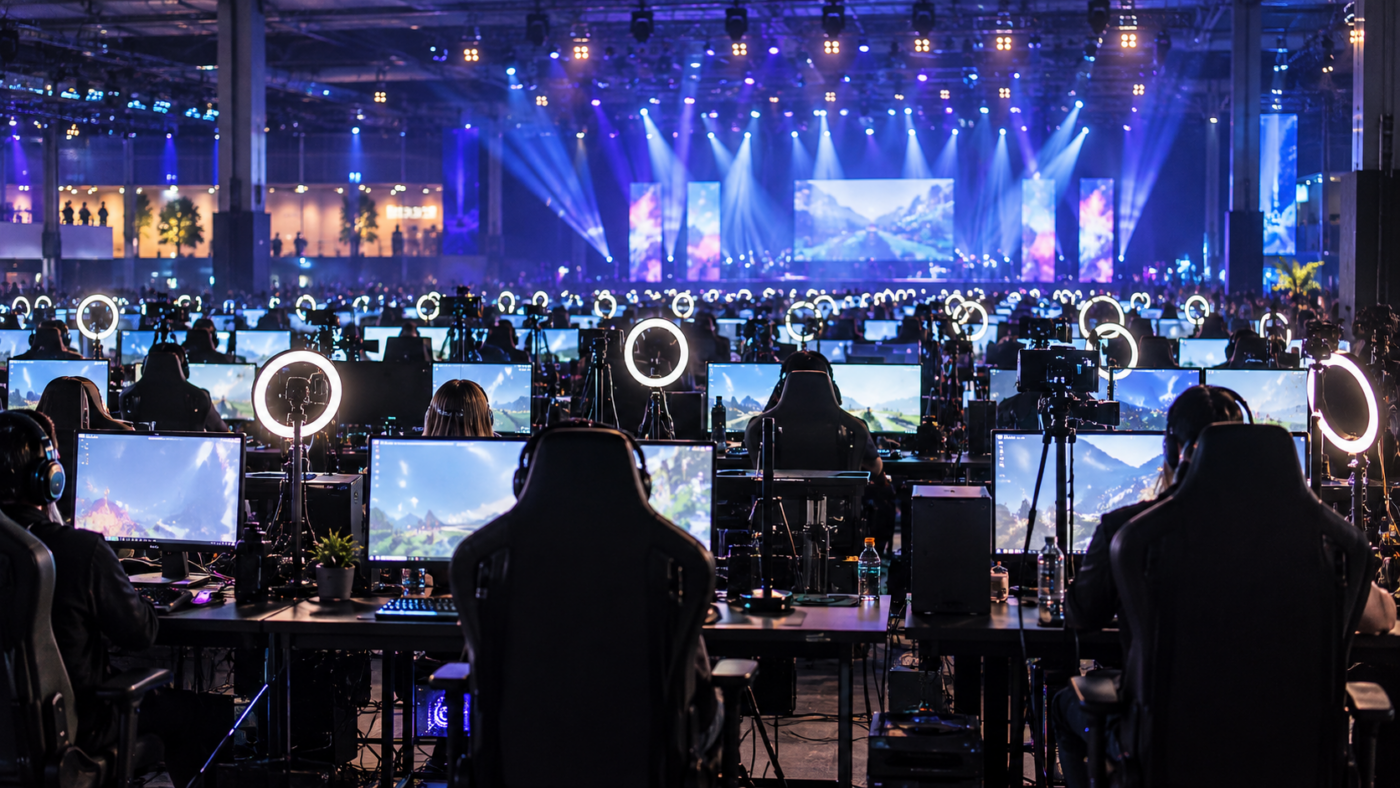 Des dizaines de postes de streaming alignés dans une grande salle, écrans et anneaux lumineux allumés, vus de dos.
