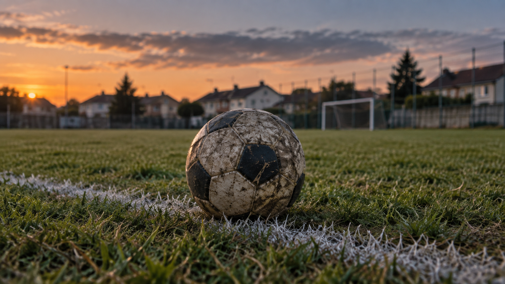 Ballon usé posé sur la ligne blanche d’un terrain de football de quartier au crépuscule, maisons à l’arrière-plan.