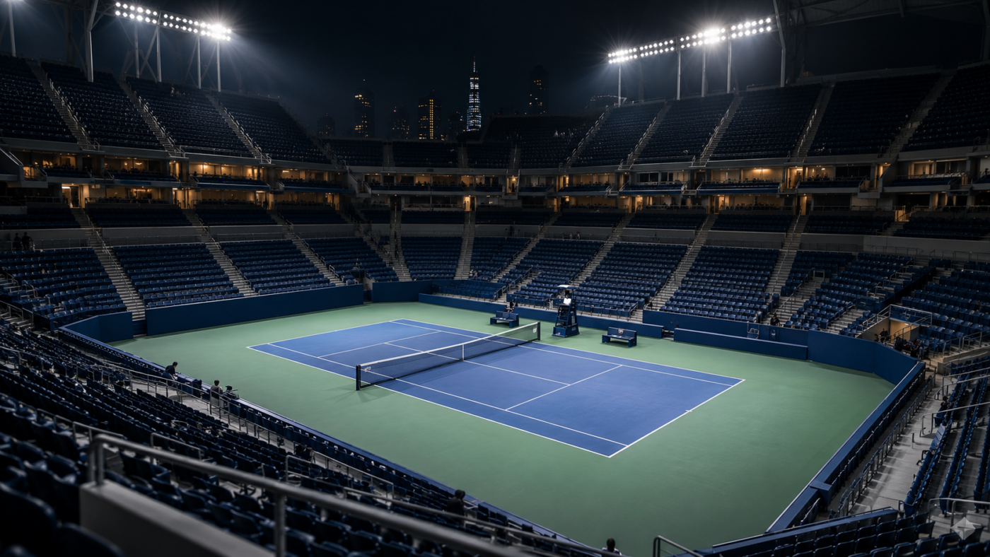 Les gradins d’un grand stade de tennis presque vides sous les projecteurs, en pleine nuit.