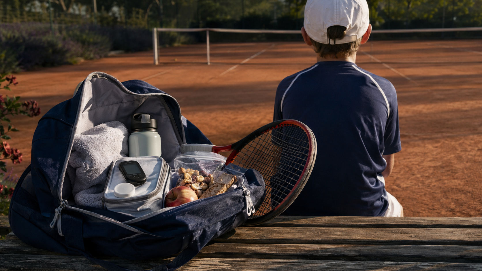 Sac de sport d’enfant ouvert sur un banc en bois au bord d’un court en terre battue d’un club français, un jeune joueur vu de dos au second plan.