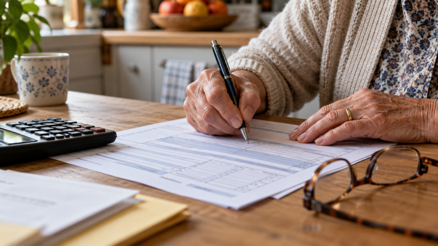 Mains d’une personne âgée remplissant une déclaration de revenus papier à côté d’une calculatrice et de lunettes
