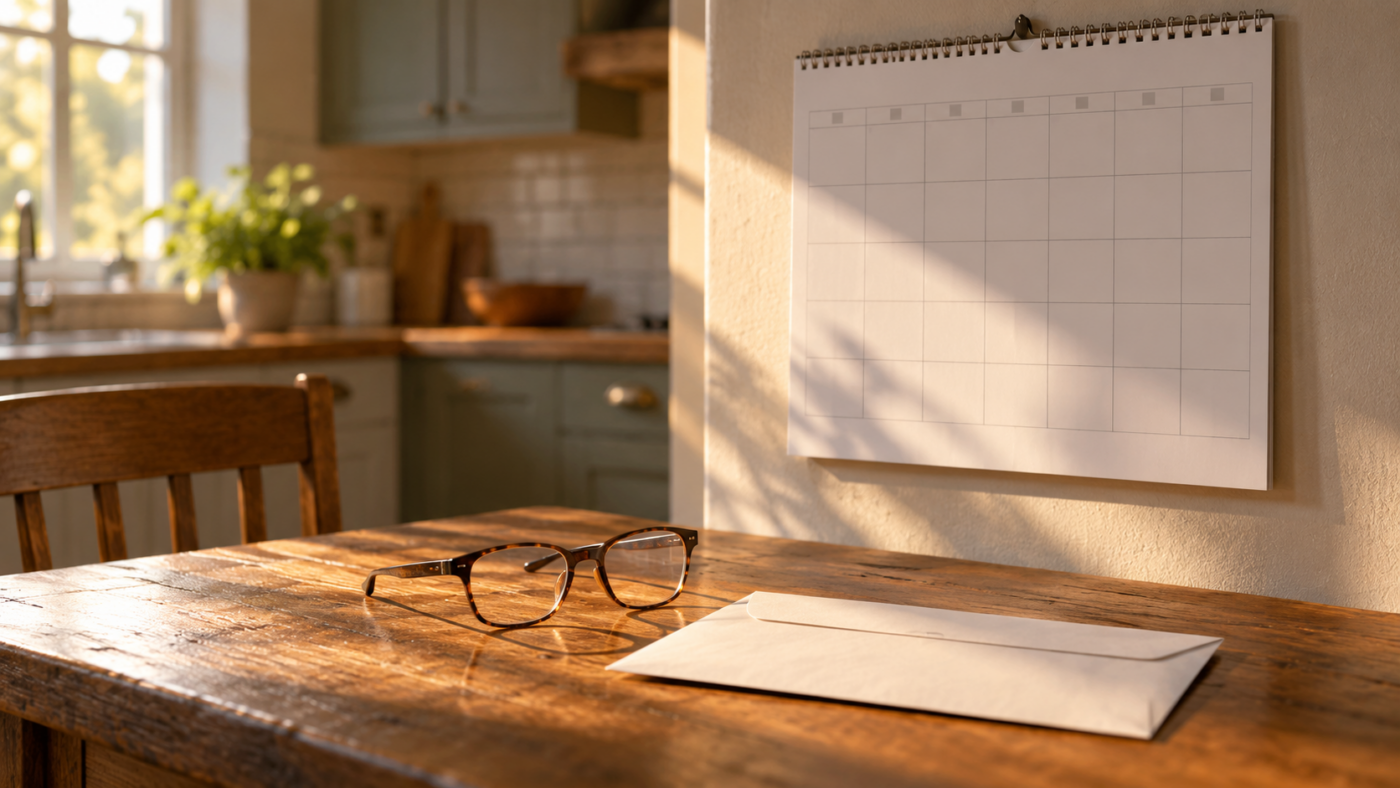 Un calendrier mural, des lunettes de lecture et une enveloppe fiscale posés sur une table de cuisine