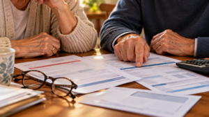 Mains d'un couple de retraités posées sur un avis d'impôt et un relevé de pension, à côté d'une calculatrice et de lunettes