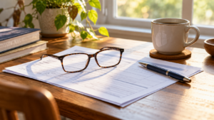 Des lunettes de lecture posées sur un formulaire vierge, un stylo et une tasse sur un bureau en bois près d’une fenêtre.