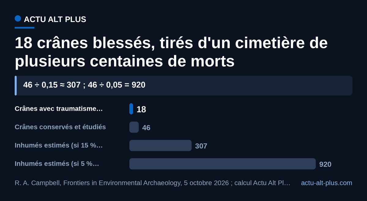Les crânes étudiés ne représentent que 5 à 15 % des inhumés : la violence mesurée porte sur une petite fraction des tombes. Fourchette estimée en appliquant cette proportion aux trois enceintes réunies.