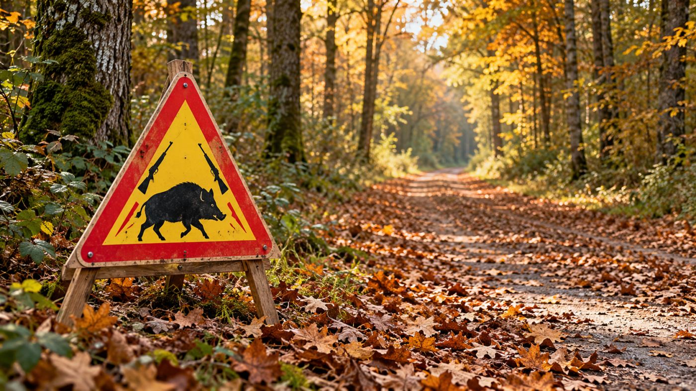 Un chemin forestier d’automne, un panneau temporaire de battue planté à l’entrée du sentier