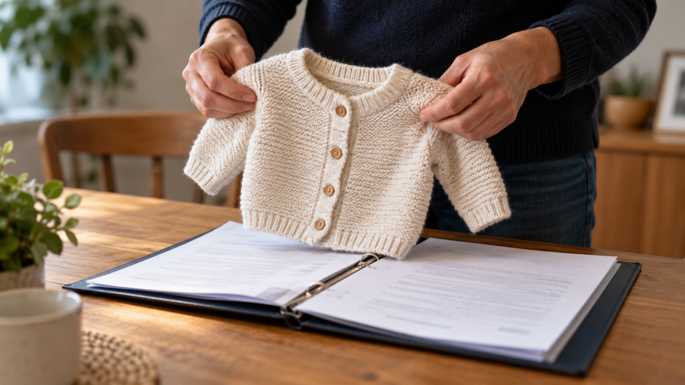 Deux mains d’adulte déplient un petit gilet d’enfant au-dessus d’une table où est posé un dossier ouvert