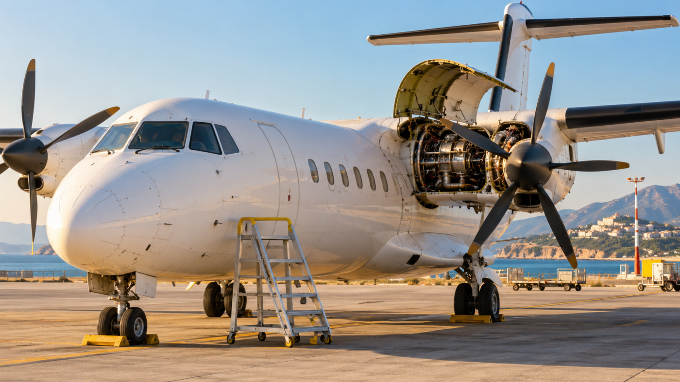 Un turbopropulseur régional à l’arrêt sur le tarmac d’un aéroport méditerranéen, capot moteur ouvert et escabeau de maintenance au pied du nez